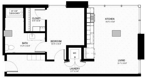 Floor plan for 1 bed, 1 bath, 723 sqft